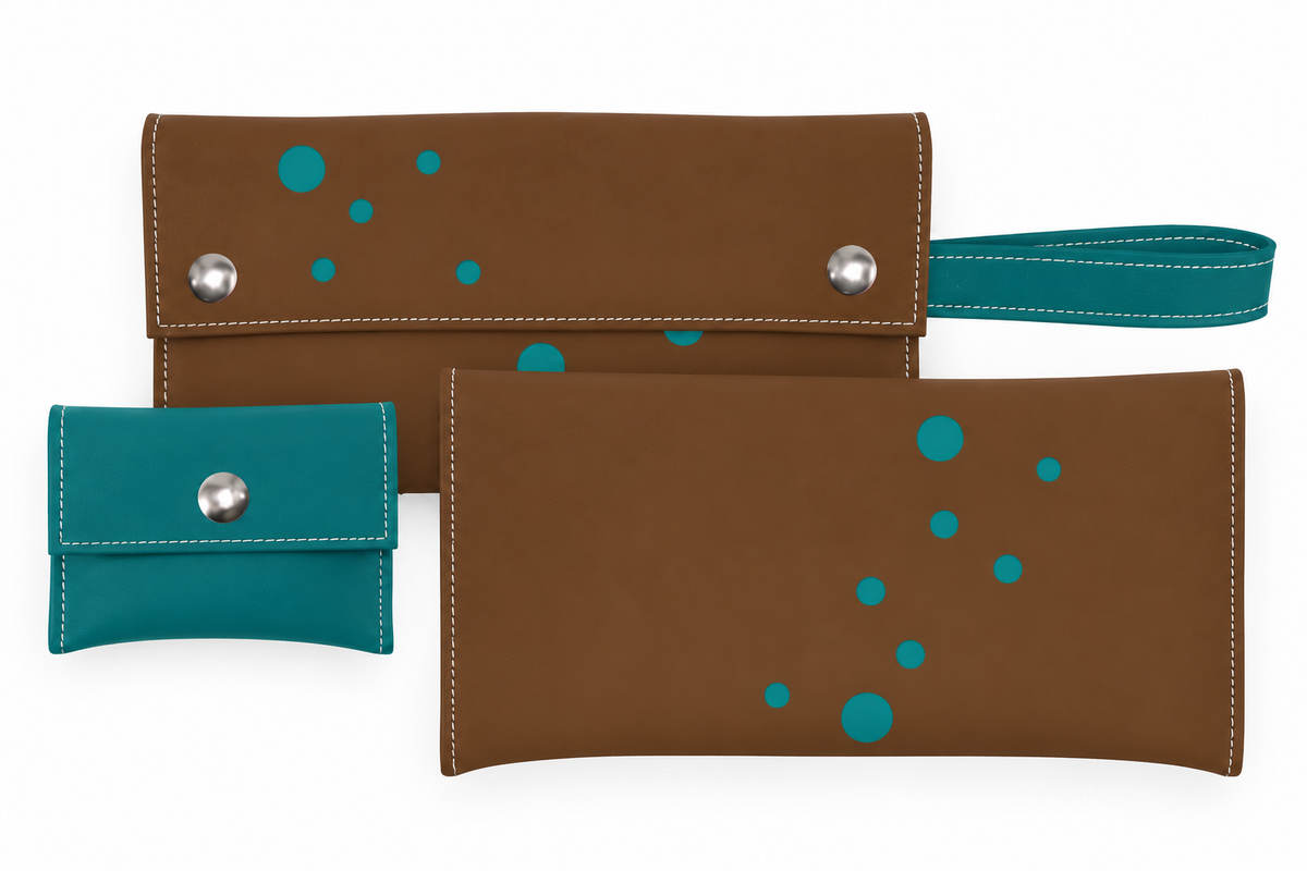 Blast clutch wallet in Chocolate with Aqua Green dots, removable change purse and wrist strap