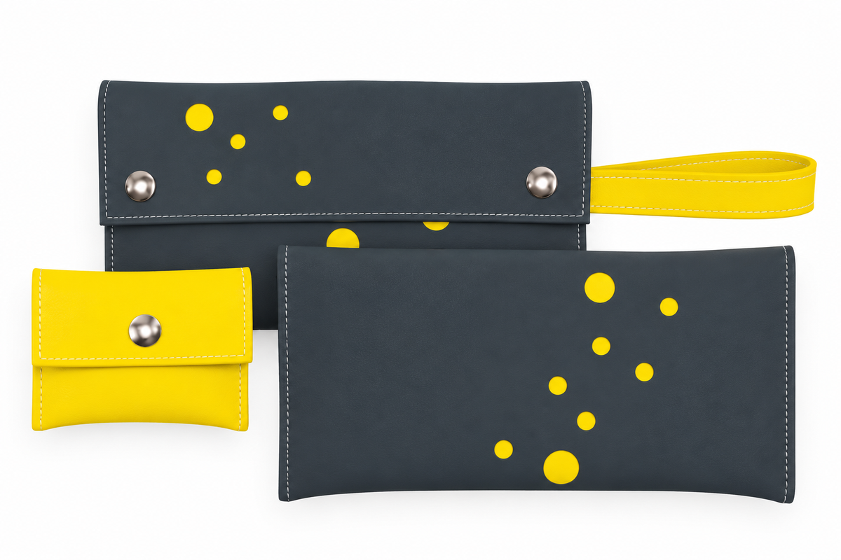 Blast clutch wallet in Graphite with Yellow dots, removable change purse and wrist strap