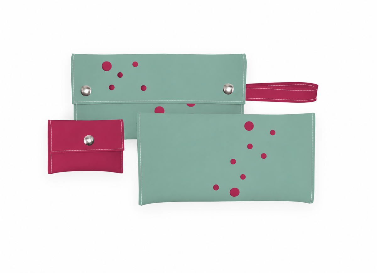 Blast clutch wallet in teal with sangria dots, removable change purse and wrist strap