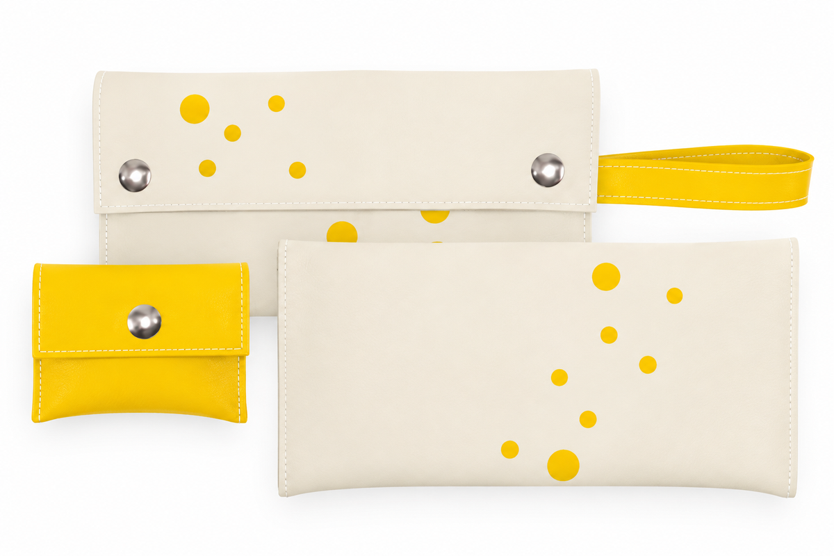 Blast clutch wallet in Alabaster with Yellow dots, removable change purse and wrist strap