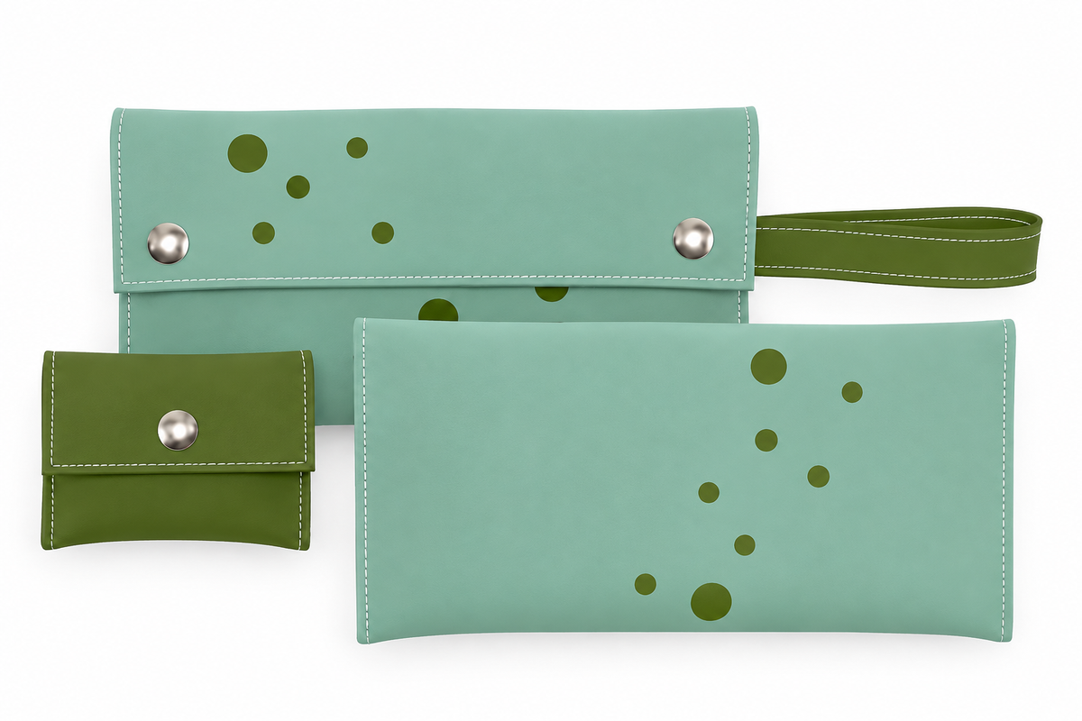 Blast clutch wallet in Dusty Jade with Olive dots, removable change purse and wrist strap