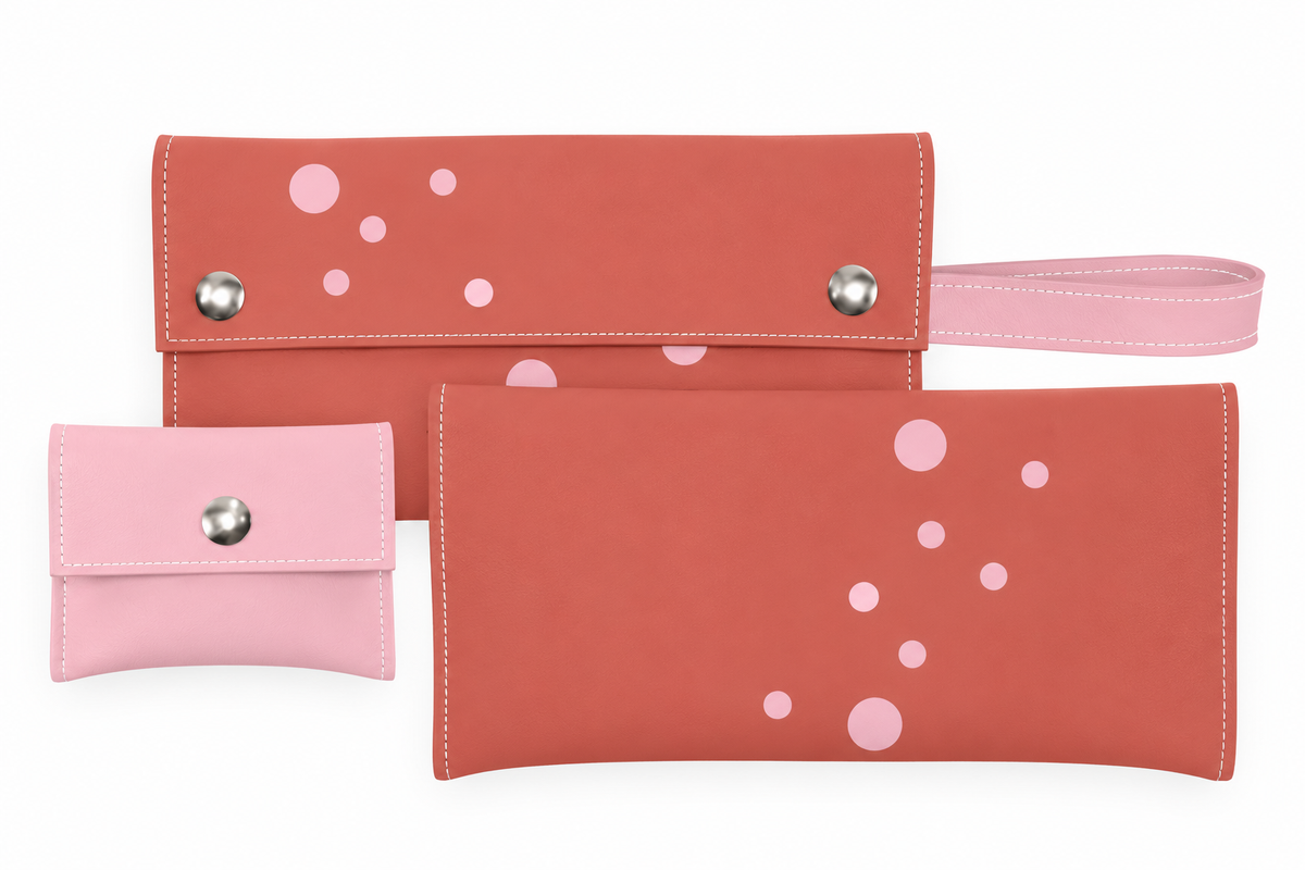 Blast clutch wallet in Rose with Pink dots, removable change purse and wrist strap