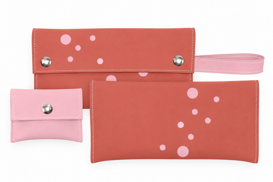 Blast clutch wallet in Rose with Pink dots, removable change purse and wrist strap