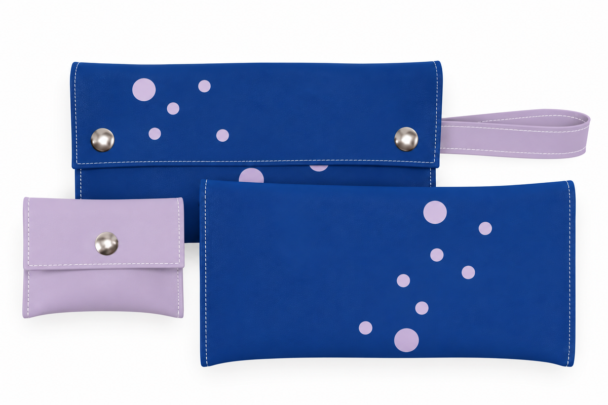 Blast clutch wallet in Royal with Iris dots, removable change purse and wrist strap