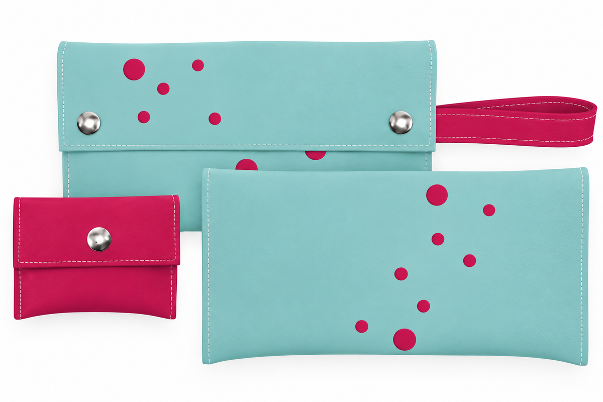 Blast clutch wallet in Teal with Sangria dots, removable change purse and wrist strap